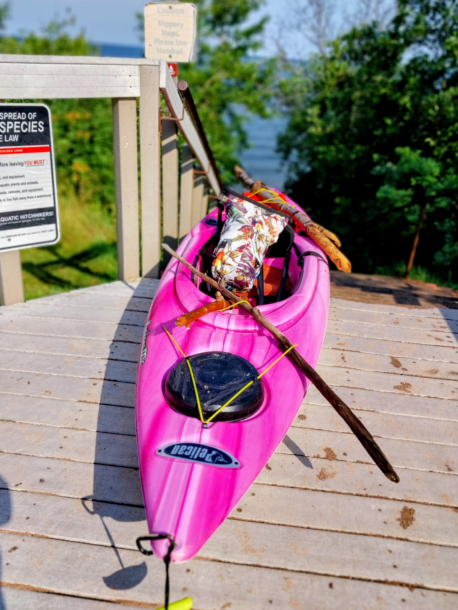 Amber's pink kayak loaded and ready at the water's edge